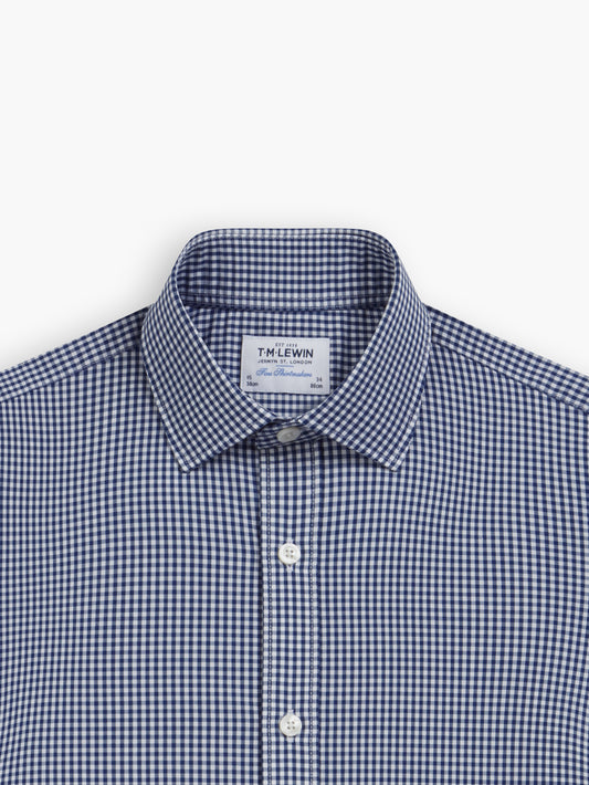 Navy Blue Small Gingham Poplin Fitted Double Cuff Classic Collar Shirt