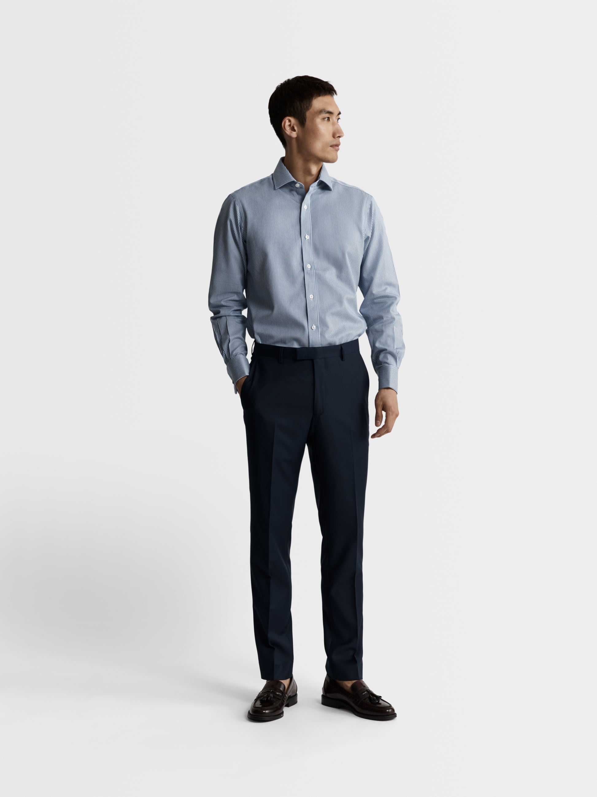 Image 4 of Non-Iron Navy Blue Bengal Stripe Twill Fitted Dual Cuff Classic Collar Shirt