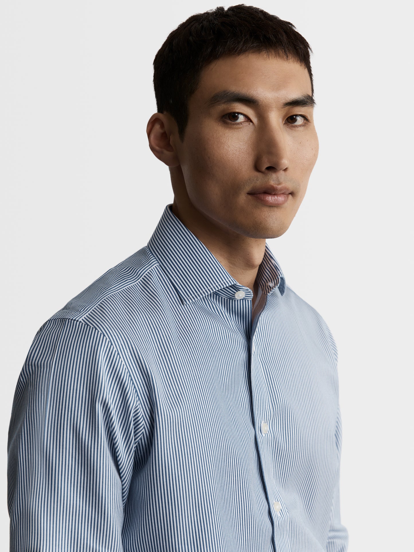 Image 2 of Non-Iron Navy Blue Bengal Stripe Twill Fitted Dual Cuff Classic Collar Shirt