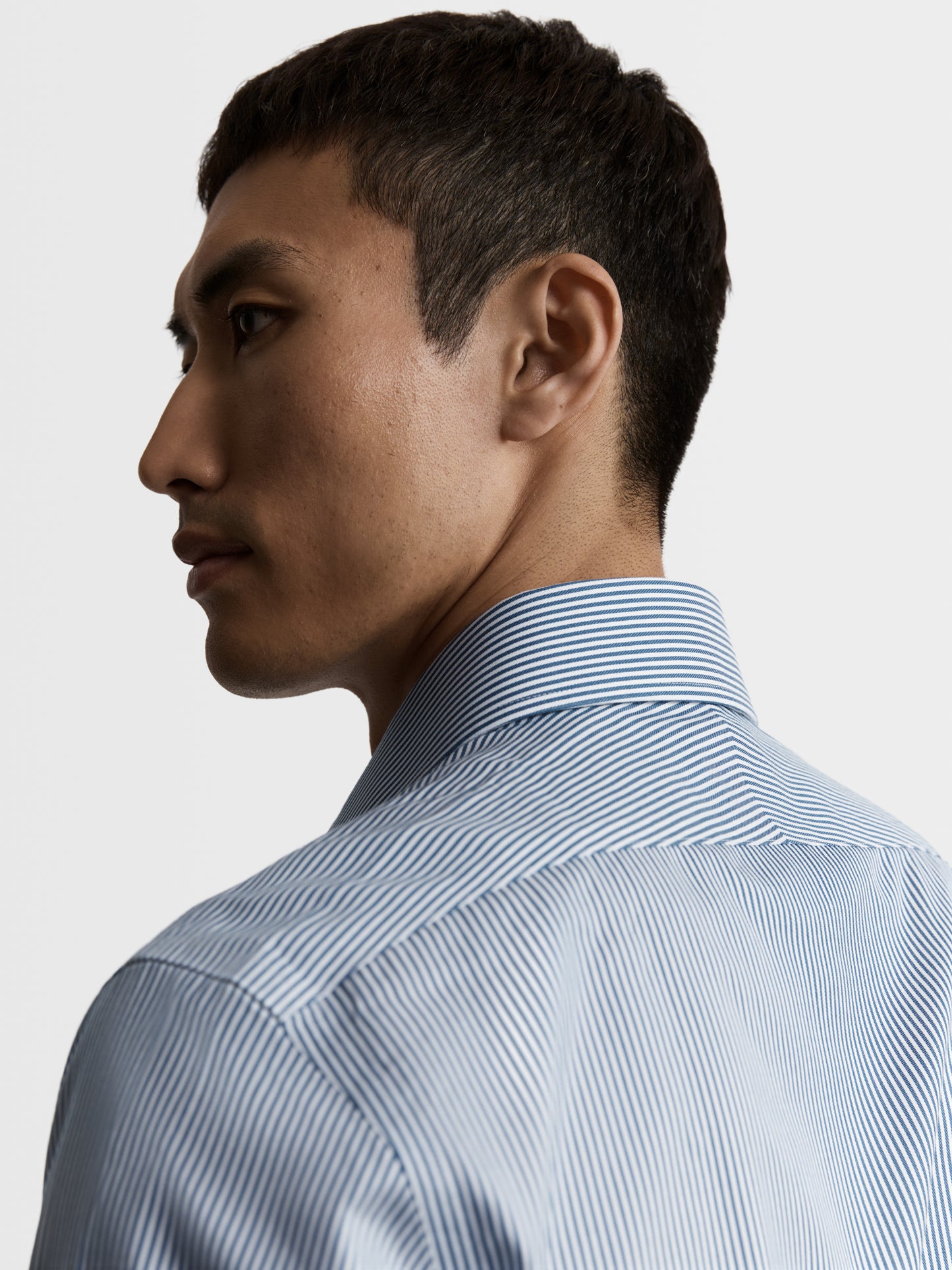 Image 3 of Non-Iron Navy Blue Bengal Stripe Twill Fitted Dual Cuff Classic Collar Shirt