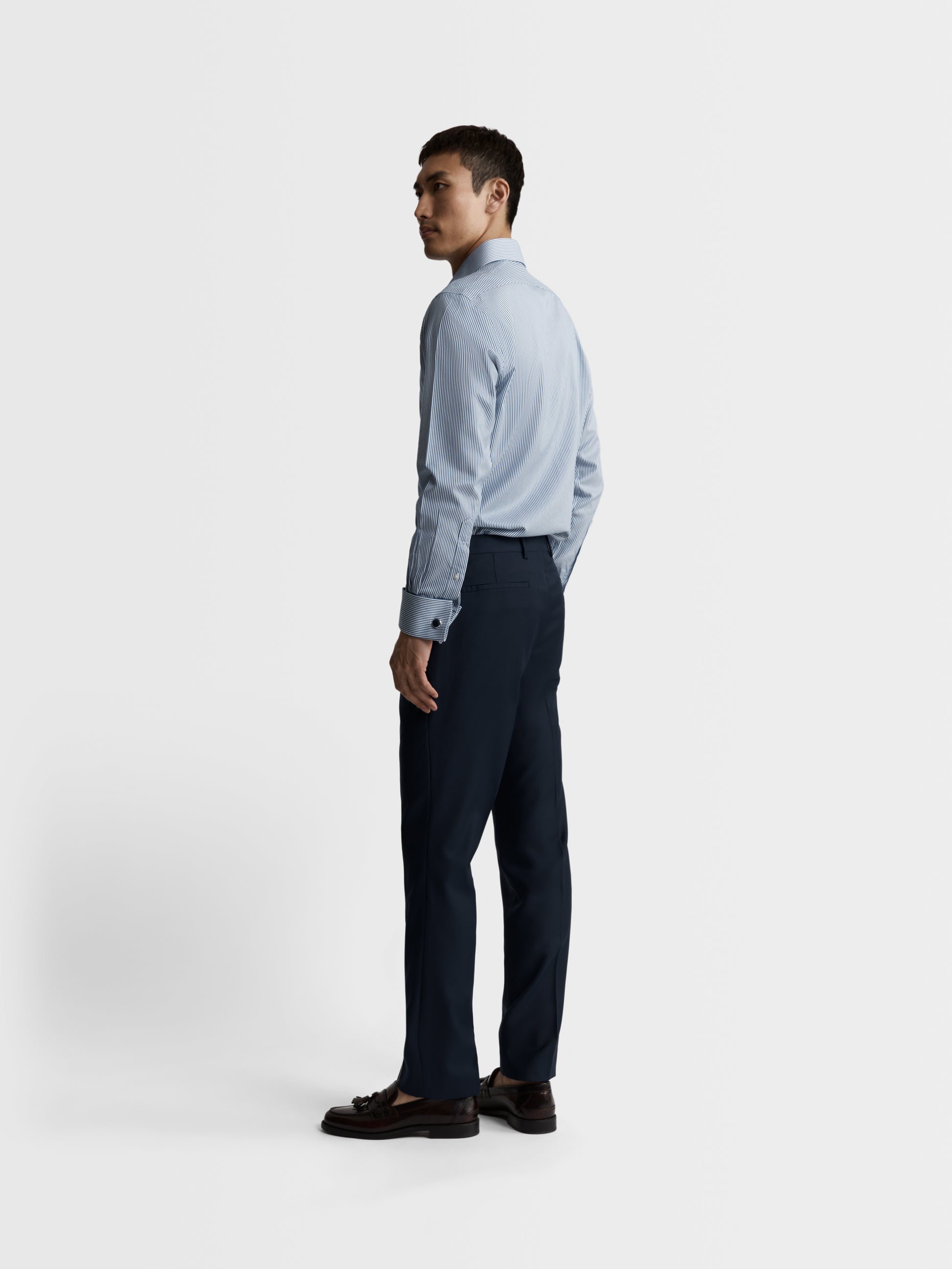 Image 5 of Non-Iron Navy Blue Bengal Stripe Twill Fitted Dual Cuff Classic Collar Shirt