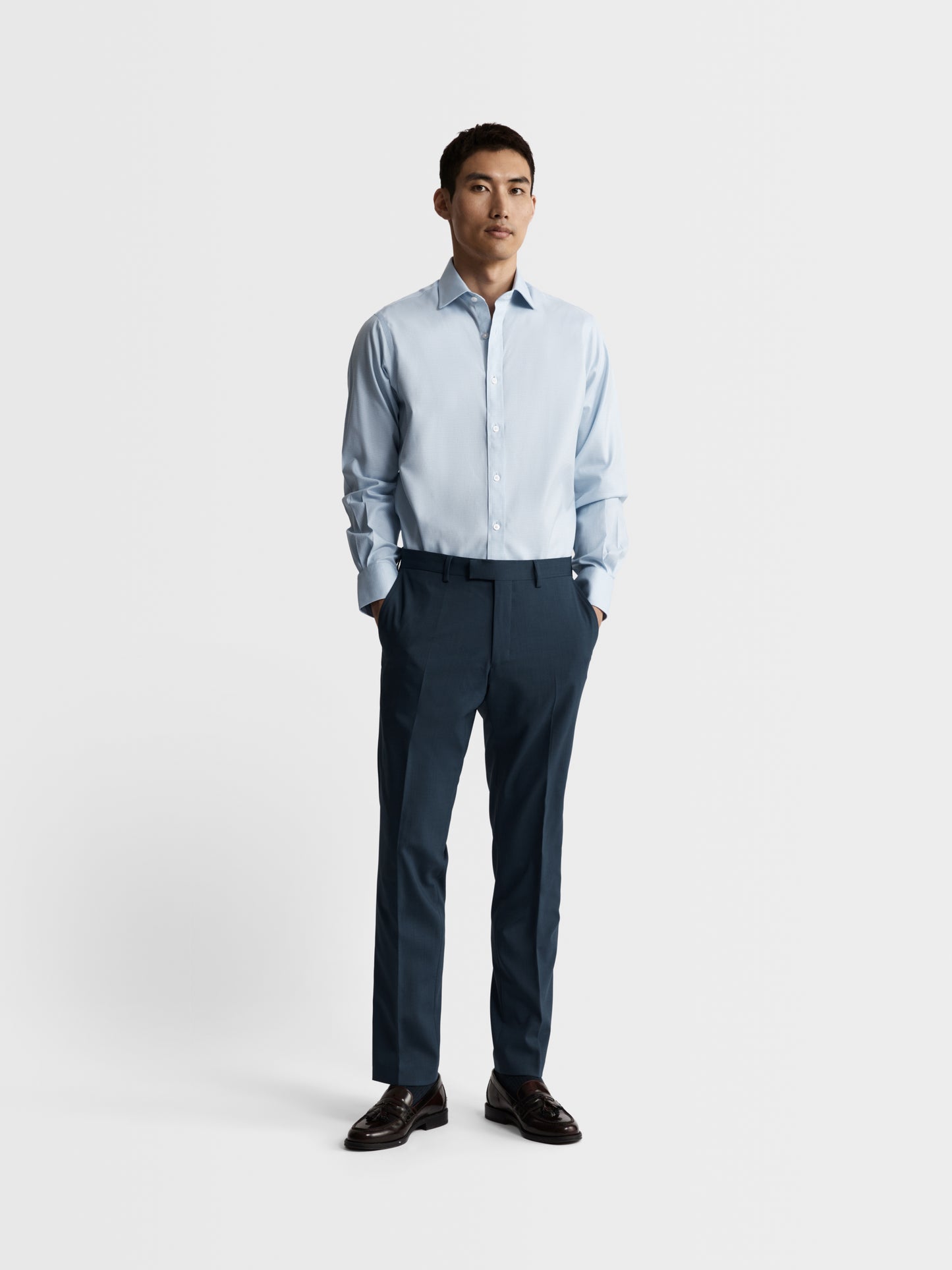 Image 5 of Non-Iron Light Blue Mini Dogtooth Plain Weave Super Fitted Single Cuff Classic Collar Shirt
