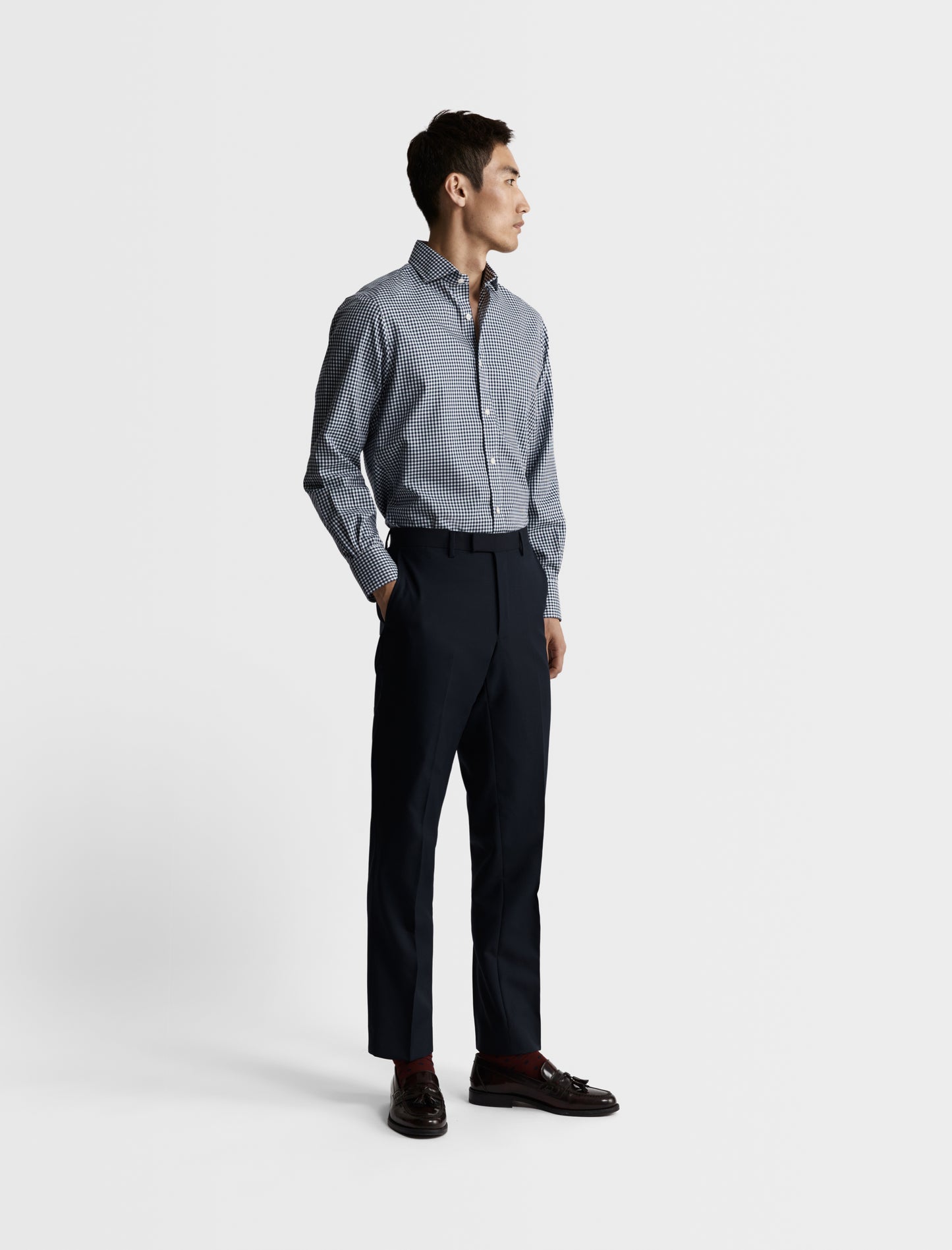 Image 5 of Non-Iron Navy Blue Gingham Twill Super Fitted Single Cuff Classic Collar Shirt