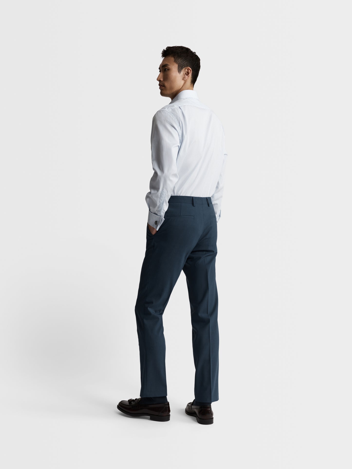 Image 5 of Light Blue Pencil Stripe Poplin Regular Fit Double Cuff Classic Collar Shirt