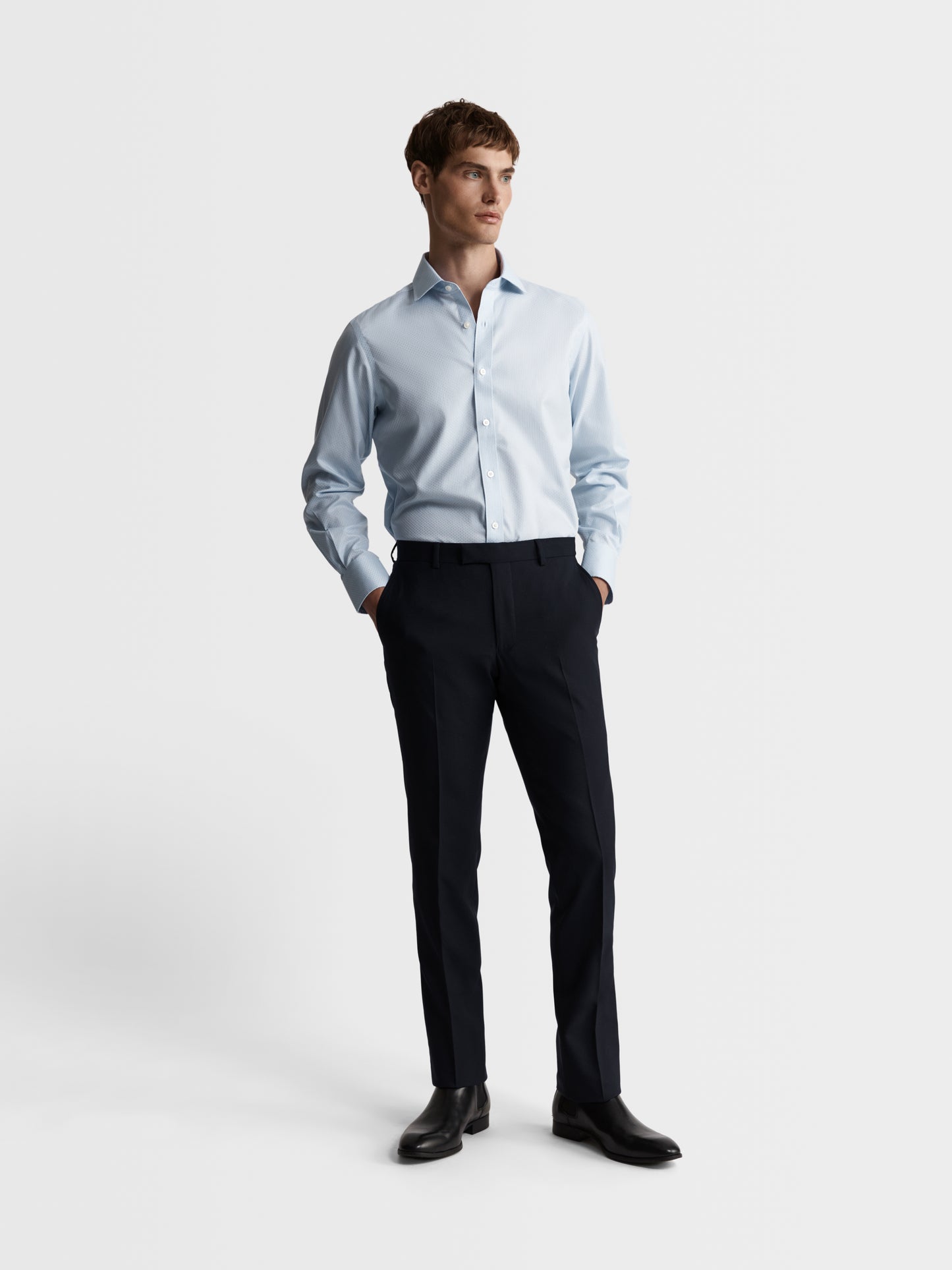 Image 5 of Non-Iron Blue Brick Geometric Dobby Slim Fit Single Cuff Classic Collar Shirt