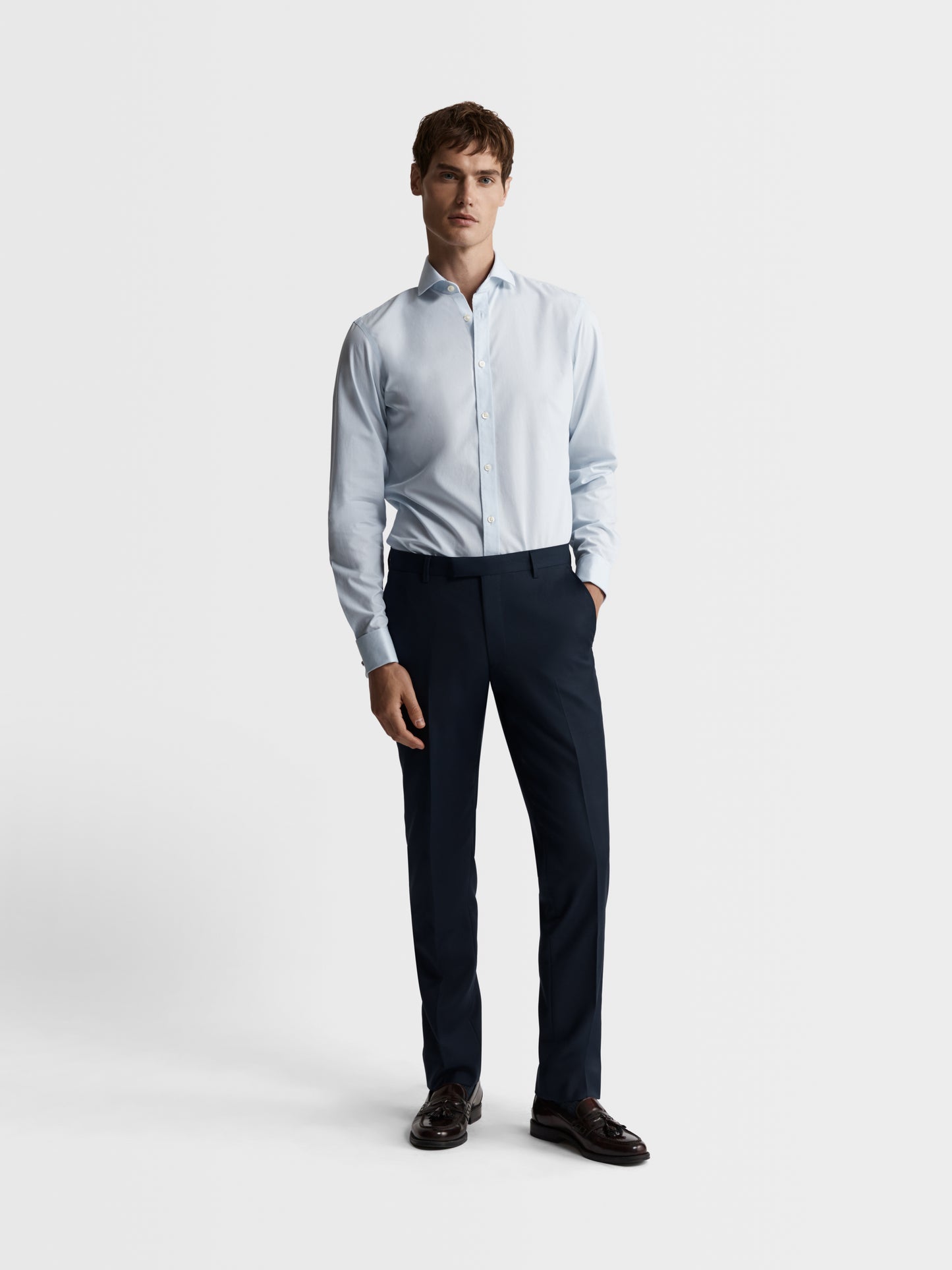 Image 5 of Non-Iron Blue Micro Pinstripe Plain Weave Fitted Dual Cuff Semi Cutaway Shirt