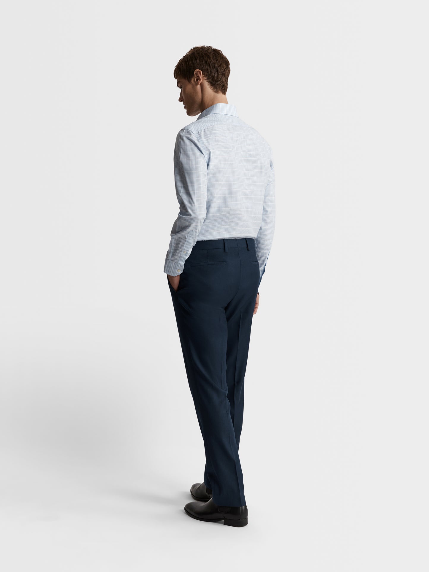 Image 5 of Non-Iron Blue Grid Gingham Plain Weave Fitted Single Cuff Semi Cutaway Collar Shirt