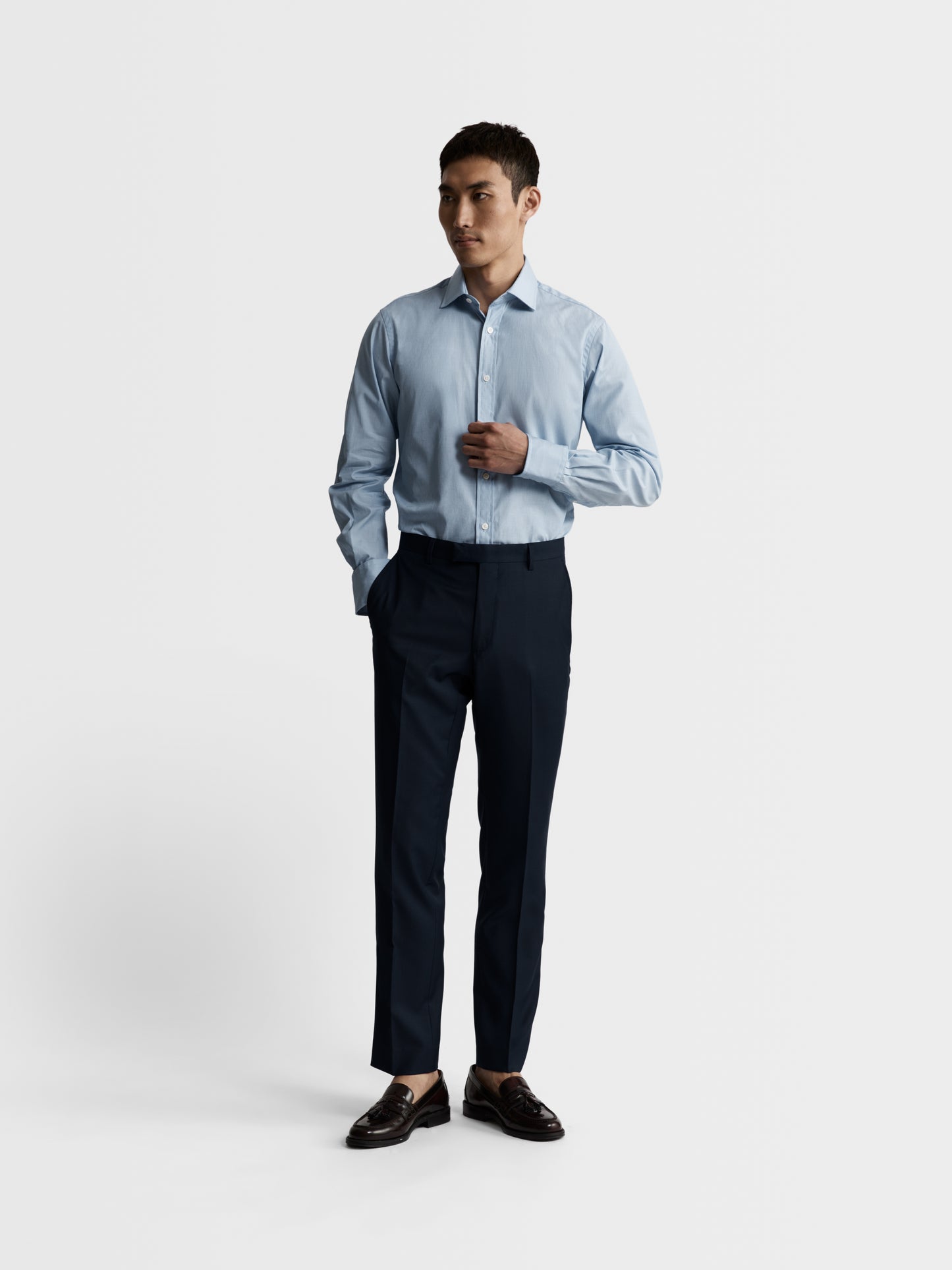 Blue End-on-End Slim Fit Single Cuff Classic Collar Shirt