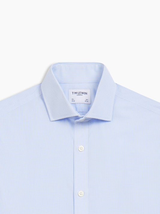 Image 1 of Non-Iron Blue Small Check Dobby Fitted Single Cuff Classic Collar Shirt