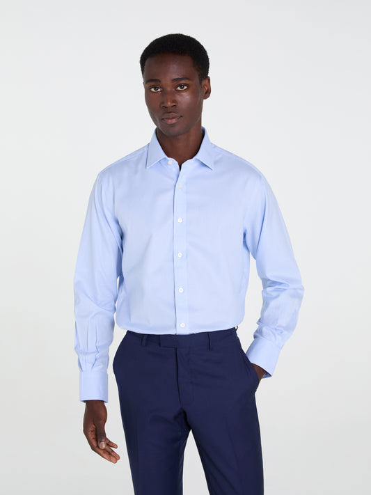 Non-Iron Light Blue Mini Dogtooth Plain Weave Slim Fit Single Cuff Classic Collar Shirt