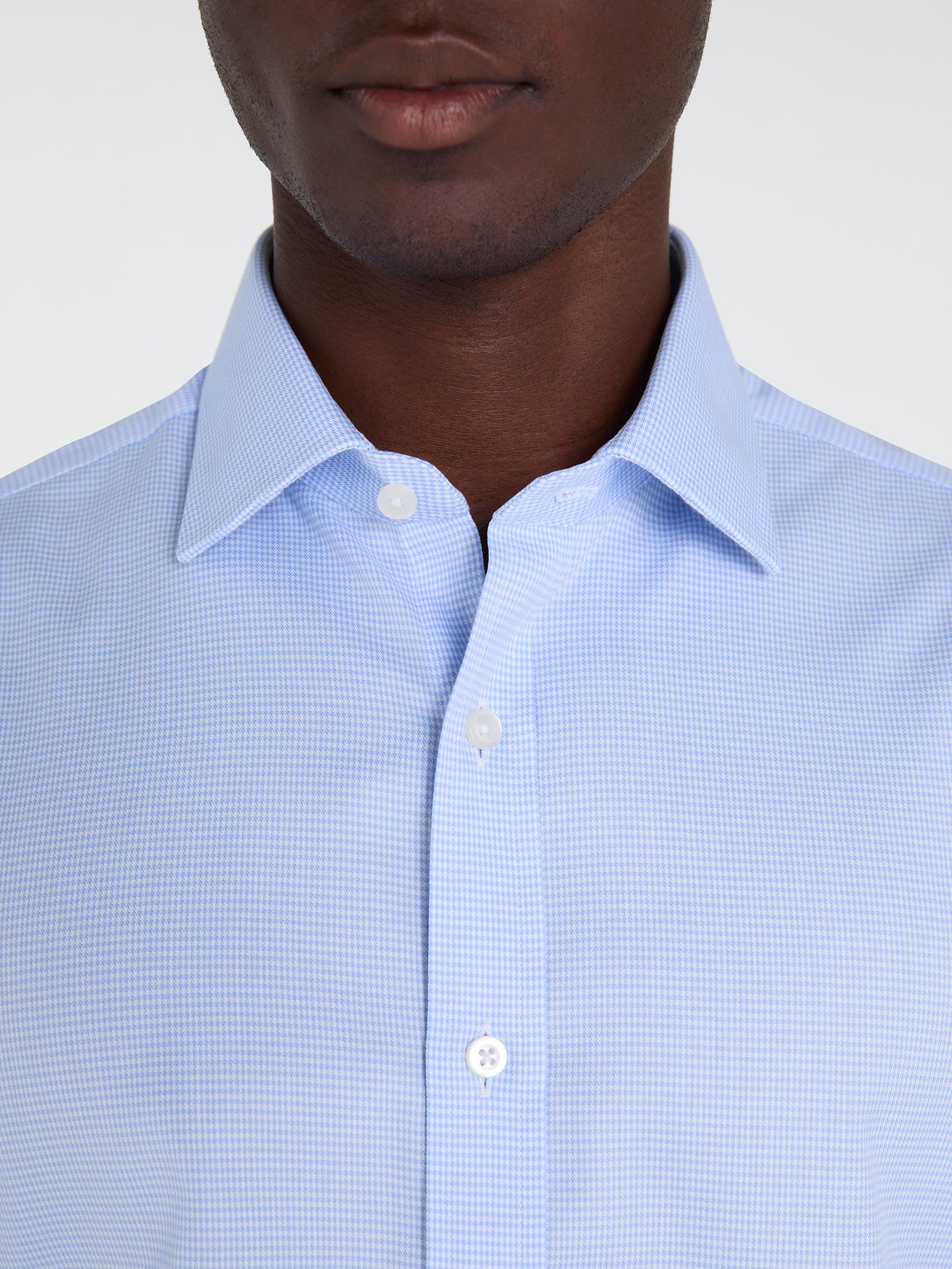 Non-Iron Light Blue Mini Dogtooth Plain Weave Slim Fit Single Cuff Classic Collar Shirt