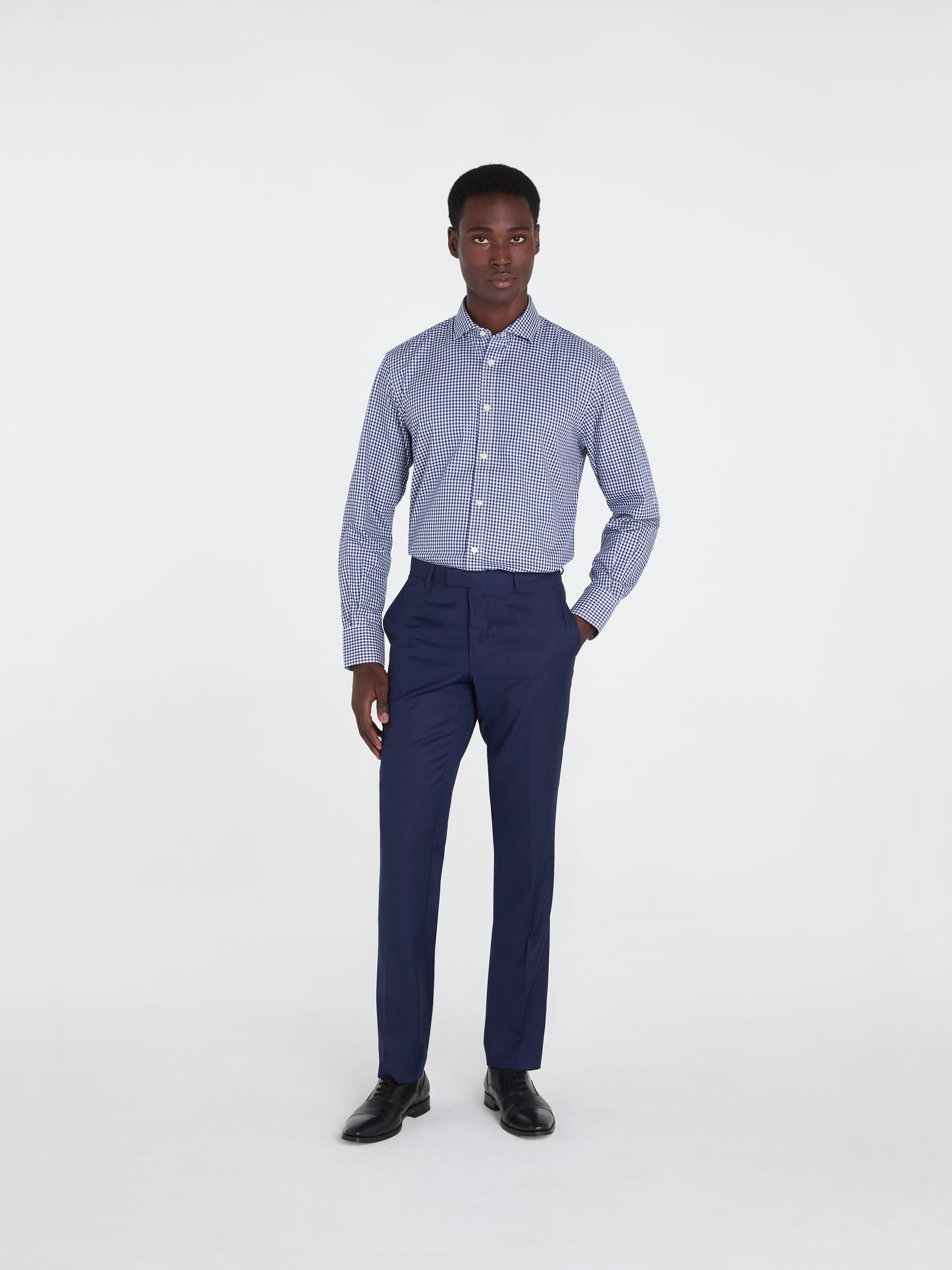 Non-Iron Navy Blue Gingham Twill Regular Fit Single Cuff Classic Collar Shirt