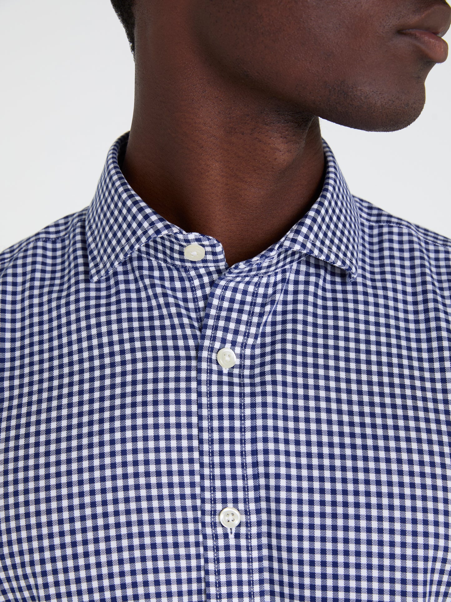 Non-Iron Navy Blue Gingham Twill Regular Fit Single Cuff Classic Collar Shirt