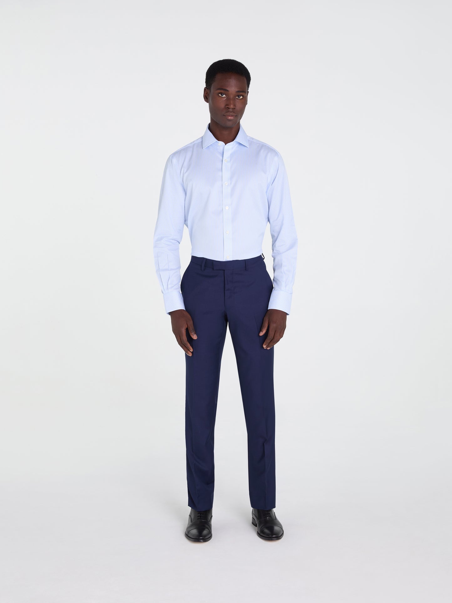 Non-Iron Light Blue Bengal Stripe Twill Slim Fit Single Cuff Semi Cutaway Collar Shirt