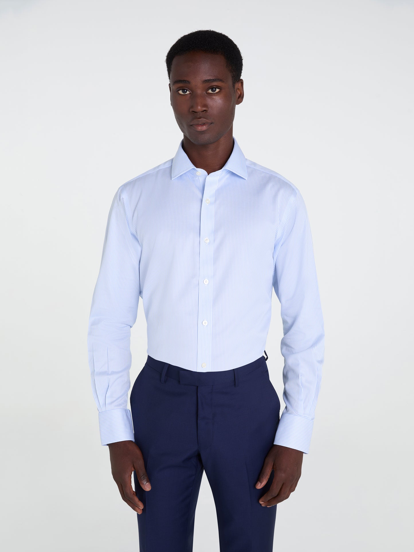 Non-Iron Light Blue Bengal Stripe Twill Slim Fit Single Cuff Semi Cutaway Collar Shirt
