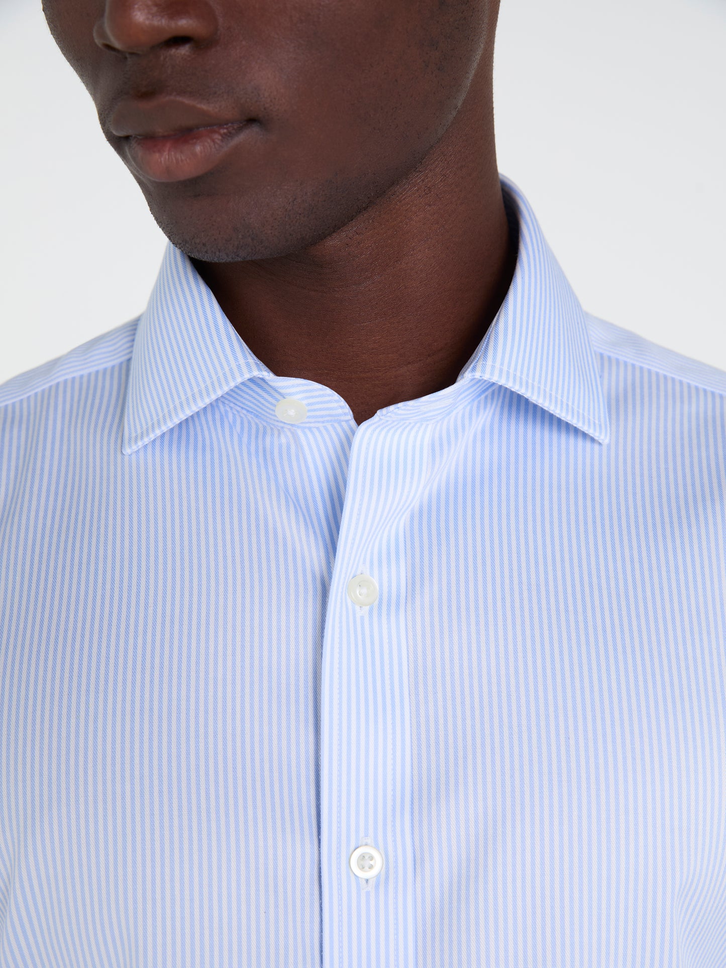 Non-Iron Light Blue Bengal Stripe Twill Slim Fit Single Cuff Semi Cutaway Collar Shirt