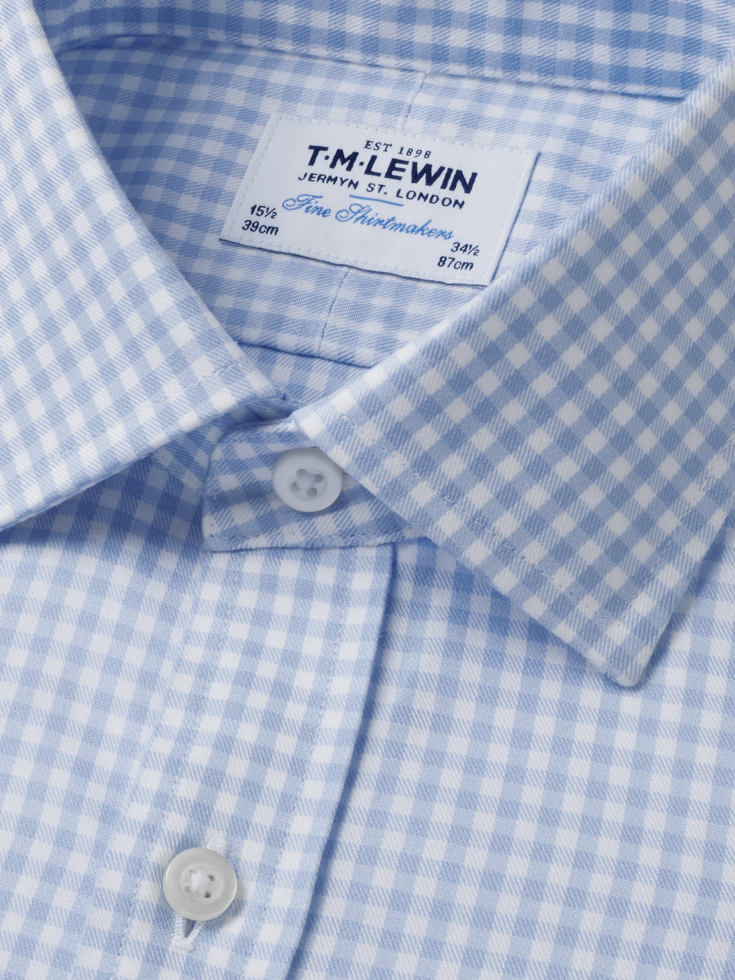 Non-Iron Light Blue Gingham Twill Slim Fit Single Cuff Semi Cutaway Collar Shirt
