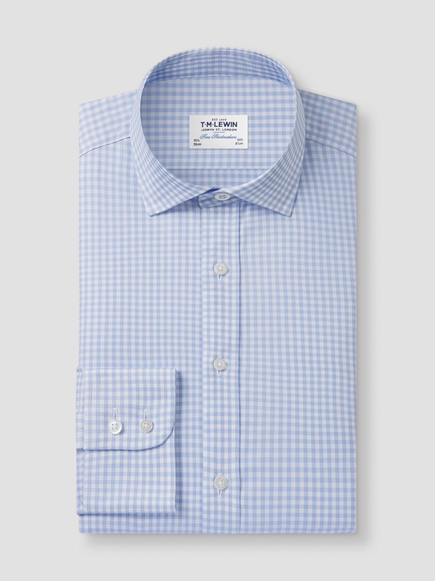 Non-Iron Light Blue Gingham Twill Slim Fit Single Cuff Semi Cutaway Collar Shirt
