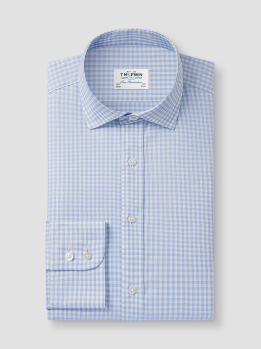 Non-Iron Light Blue Gingham Twill Regular Fit Single Cuff Classic Collar Shirt
