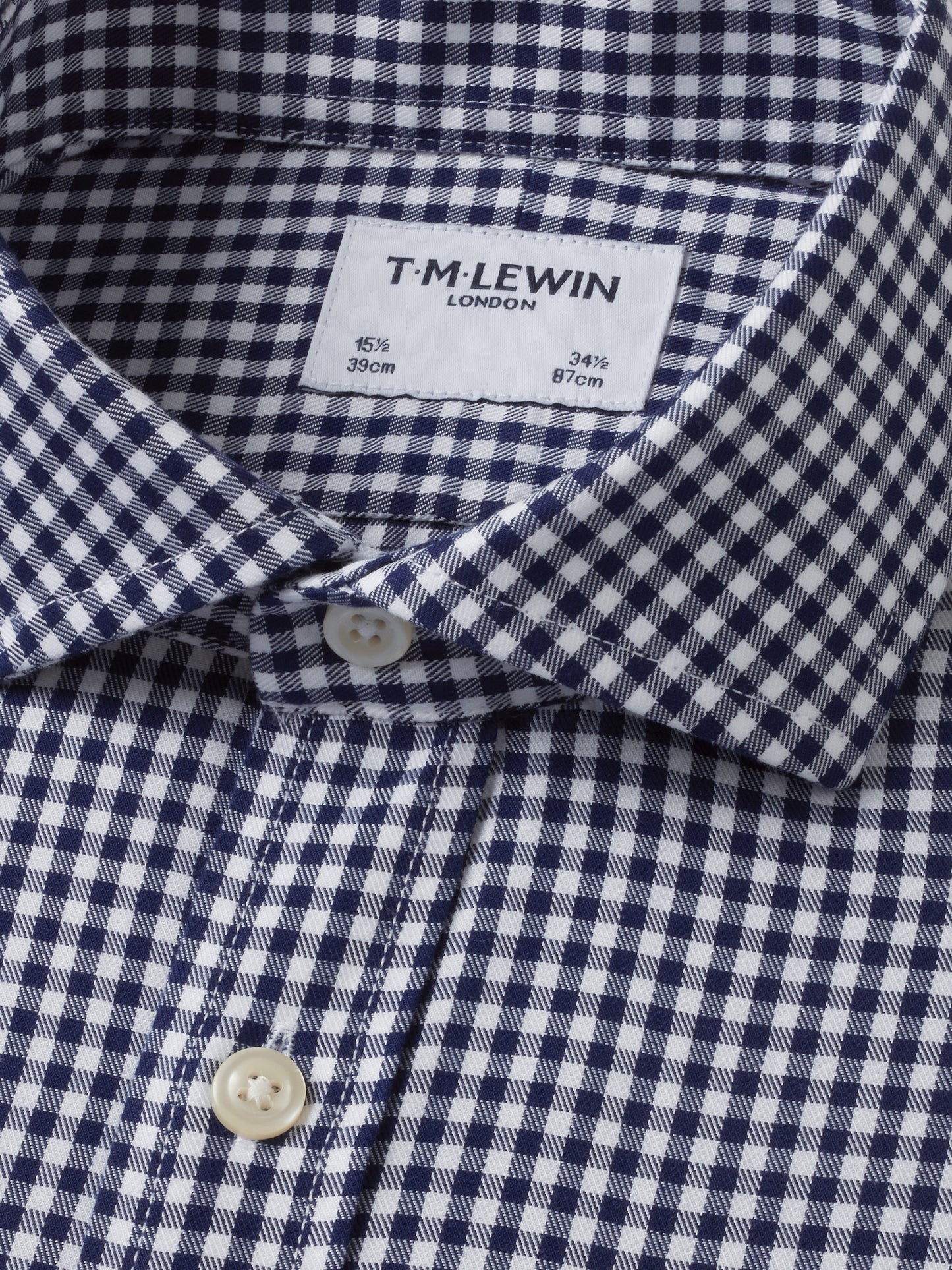 Non-Iron Navy Blue Gingham Twill Fitted Single Cuff Classic Collar Shirt