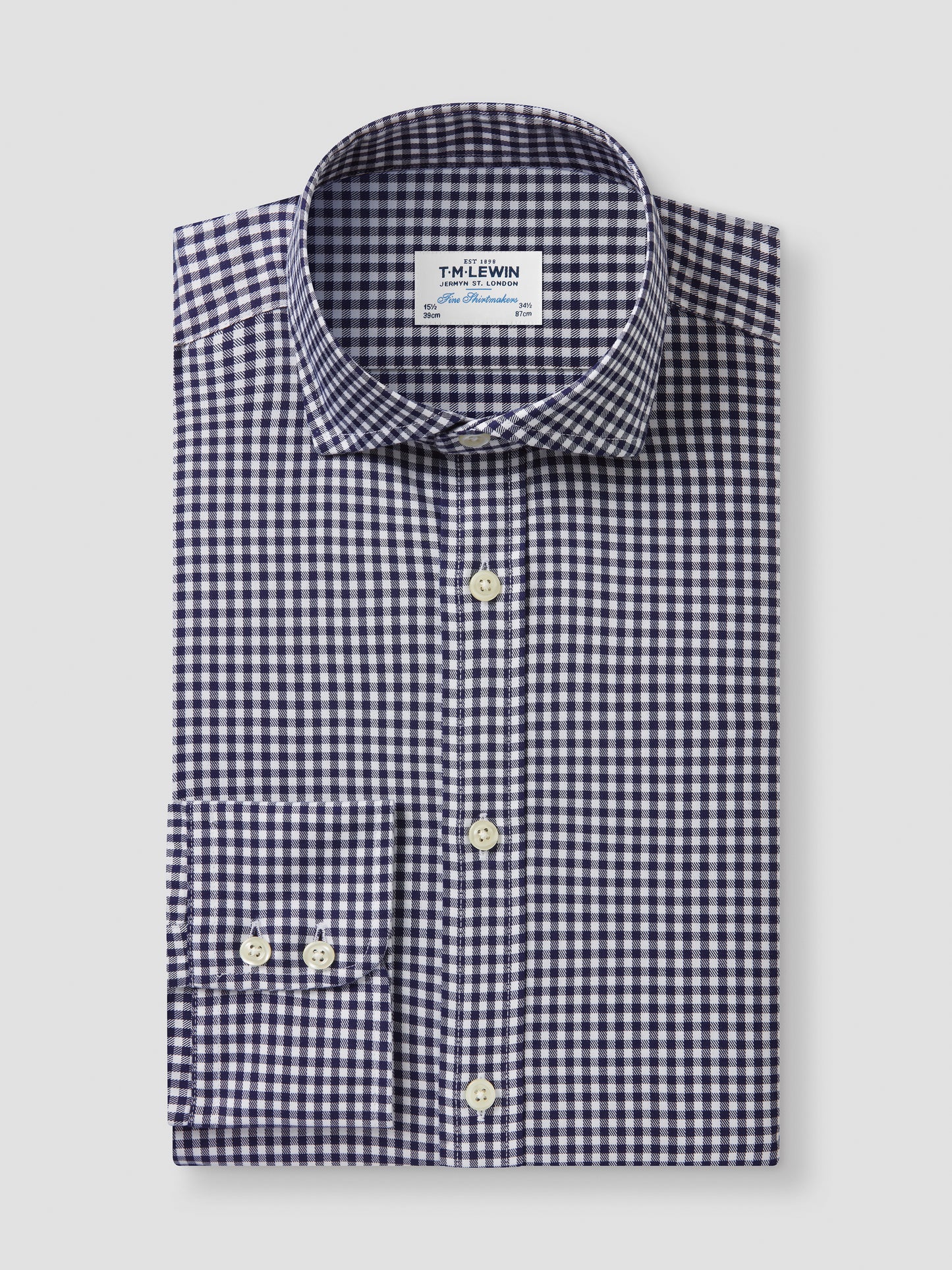 Non-Iron Navy Blue Gingham Twill Slim Fit Single Cuff Classic Collar Shirt