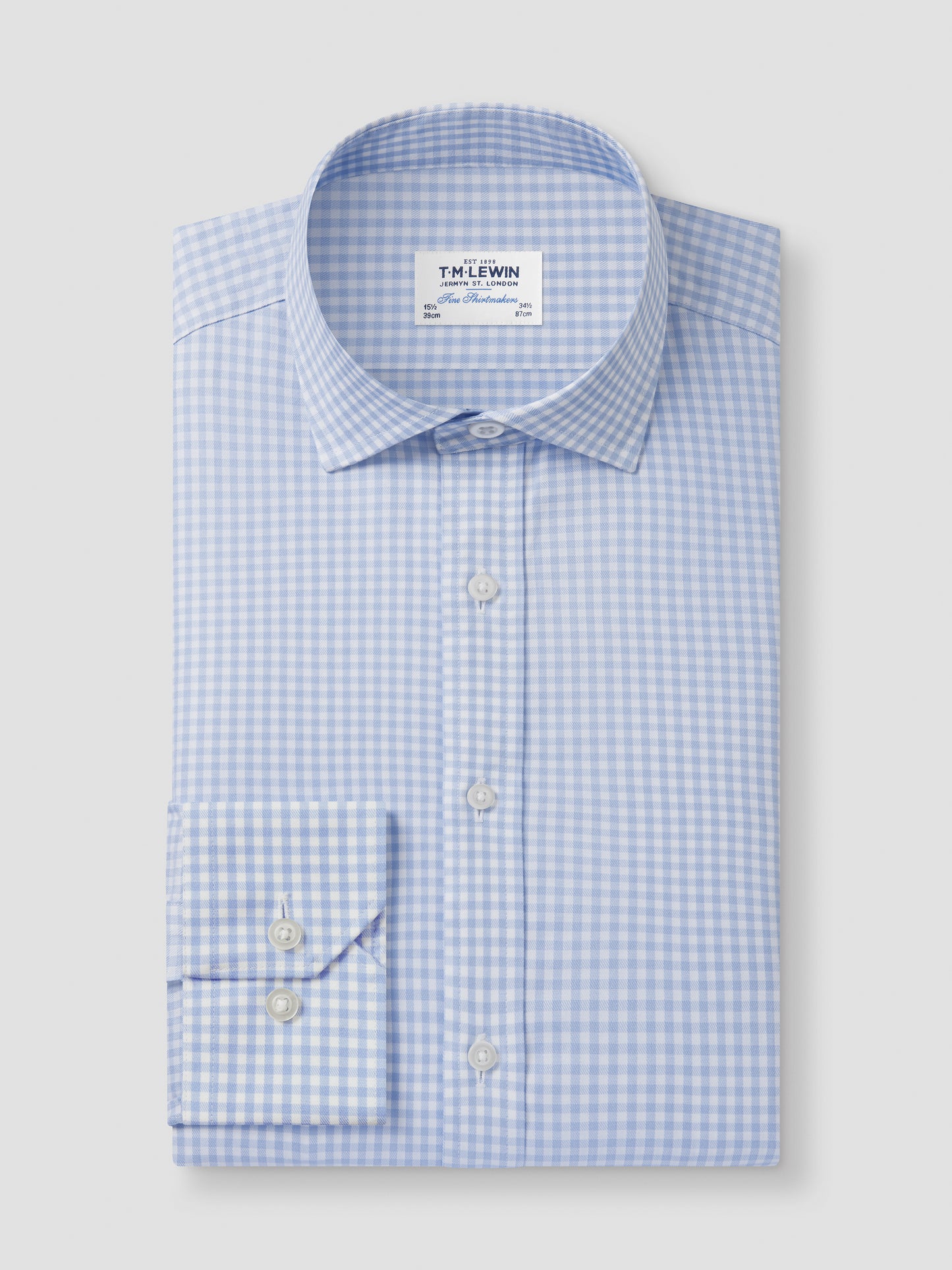 Non-Iron Light Blue Gingham Twill Fitted Single Cuff Classic Collar Shirt