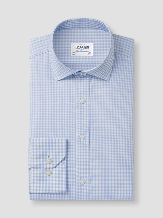 Non-Iron Light Blue Gingham Twill Fitted Single Cuff Classic Collar Shirt