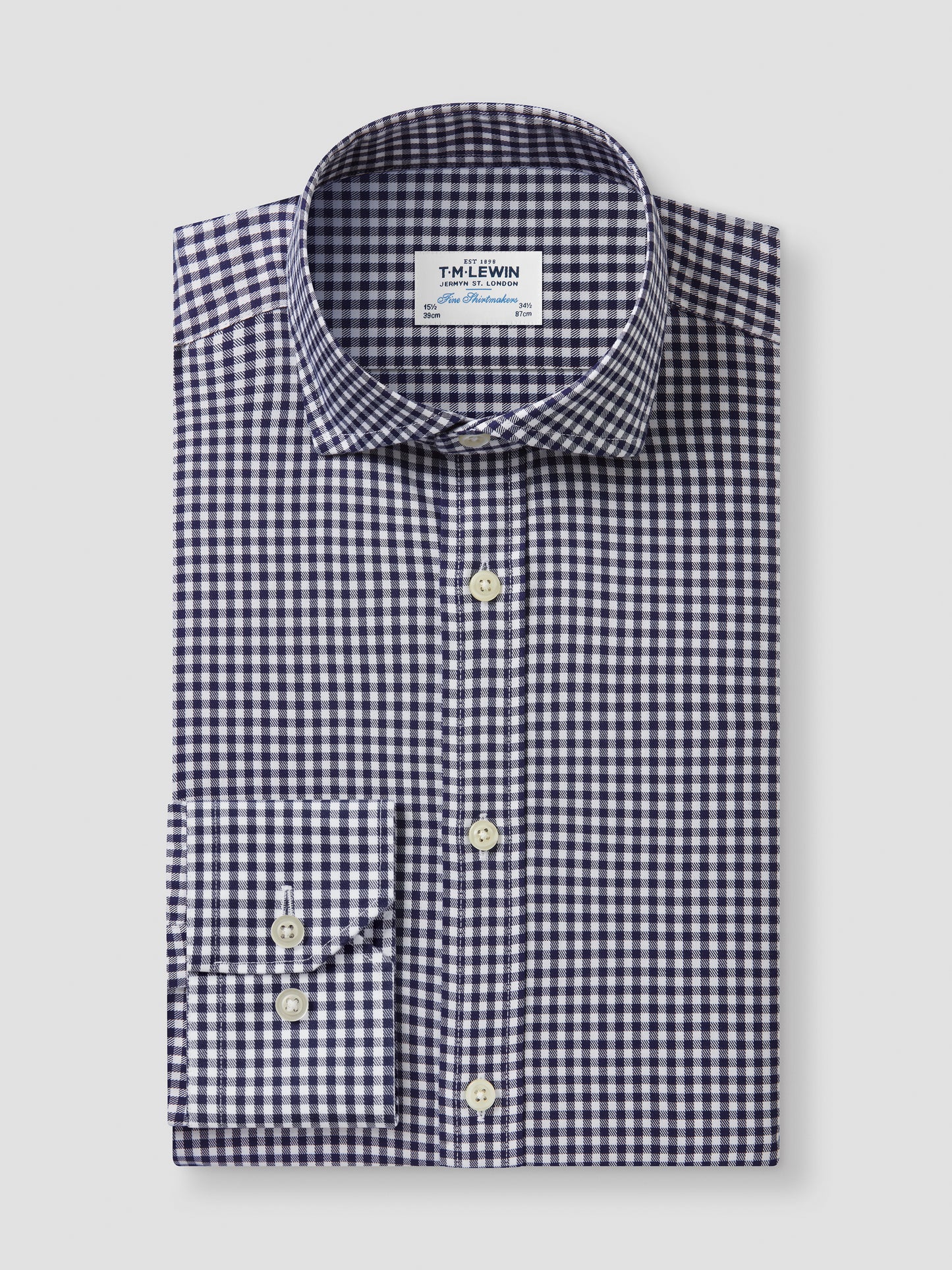 Non-Iron Navy Blue Gingham Twill Fitted Single Cuff Classic Collar Shirt