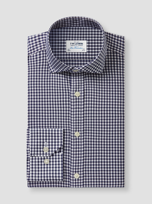 Non-Iron Navy Blue Gingham Twill Fitted Single Cuff Classic Collar Shirt
