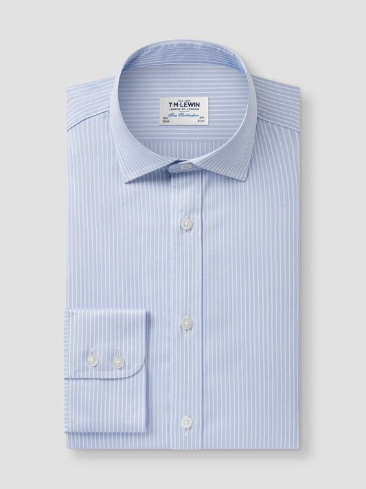 Non-Iron Chalk Stripe Light Blue Twill Super Fitted Single Cuff Classic Collar