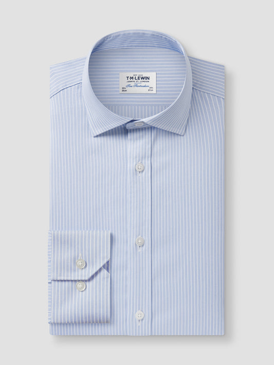 Non-Iron Blue Chalk Stripe Twill Fitted Single Cuff Classic Collar Shirt