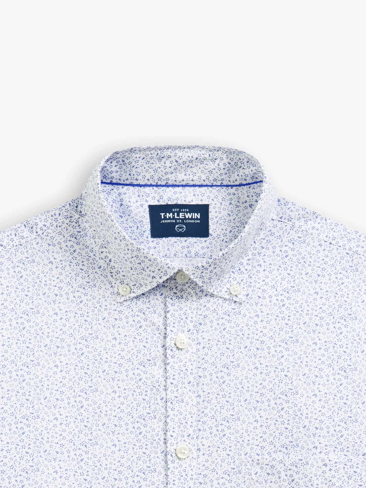 Slim Fit White and Blue Ditsy Floral Print Shirt