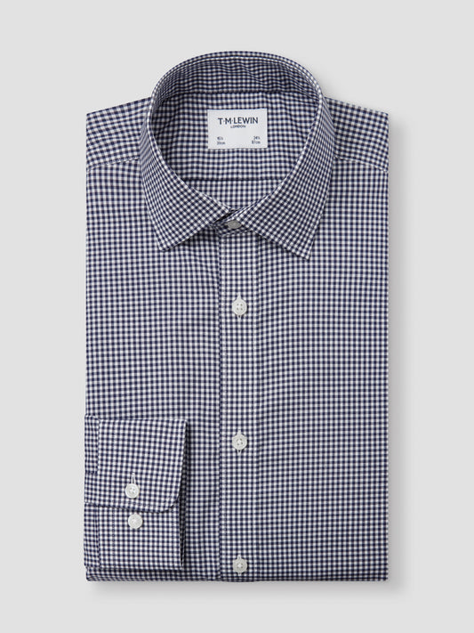 Max Performance Navy Gingham Single Cuff Classic Collar Shirt - Slim