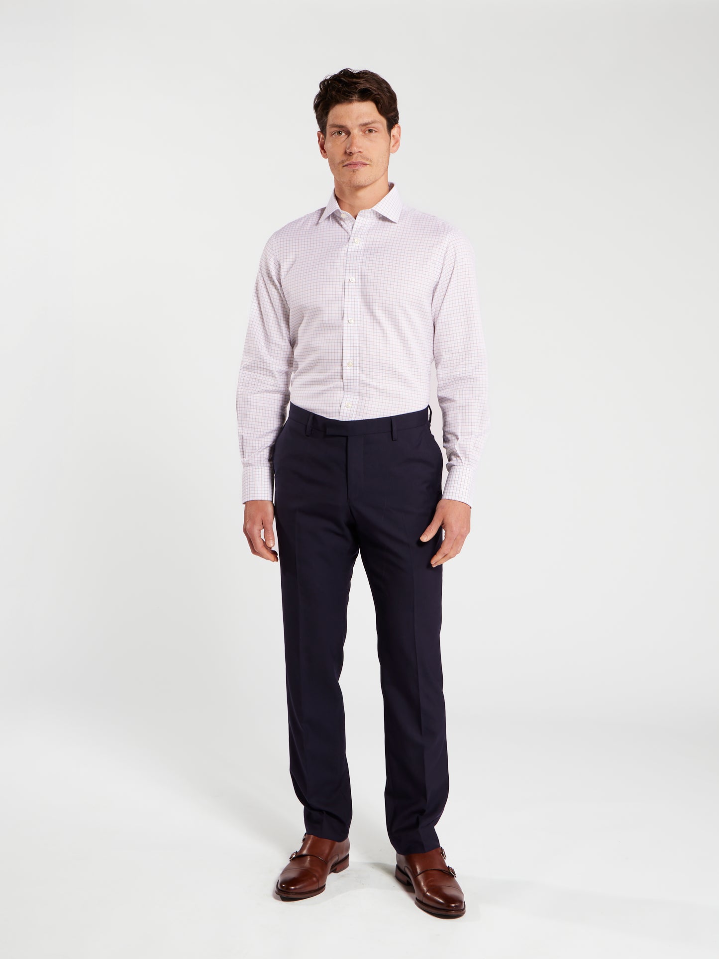 Non-Iron Navy & Red Double Check Oxford Fitted Single Cuff Classic Collar Shirt