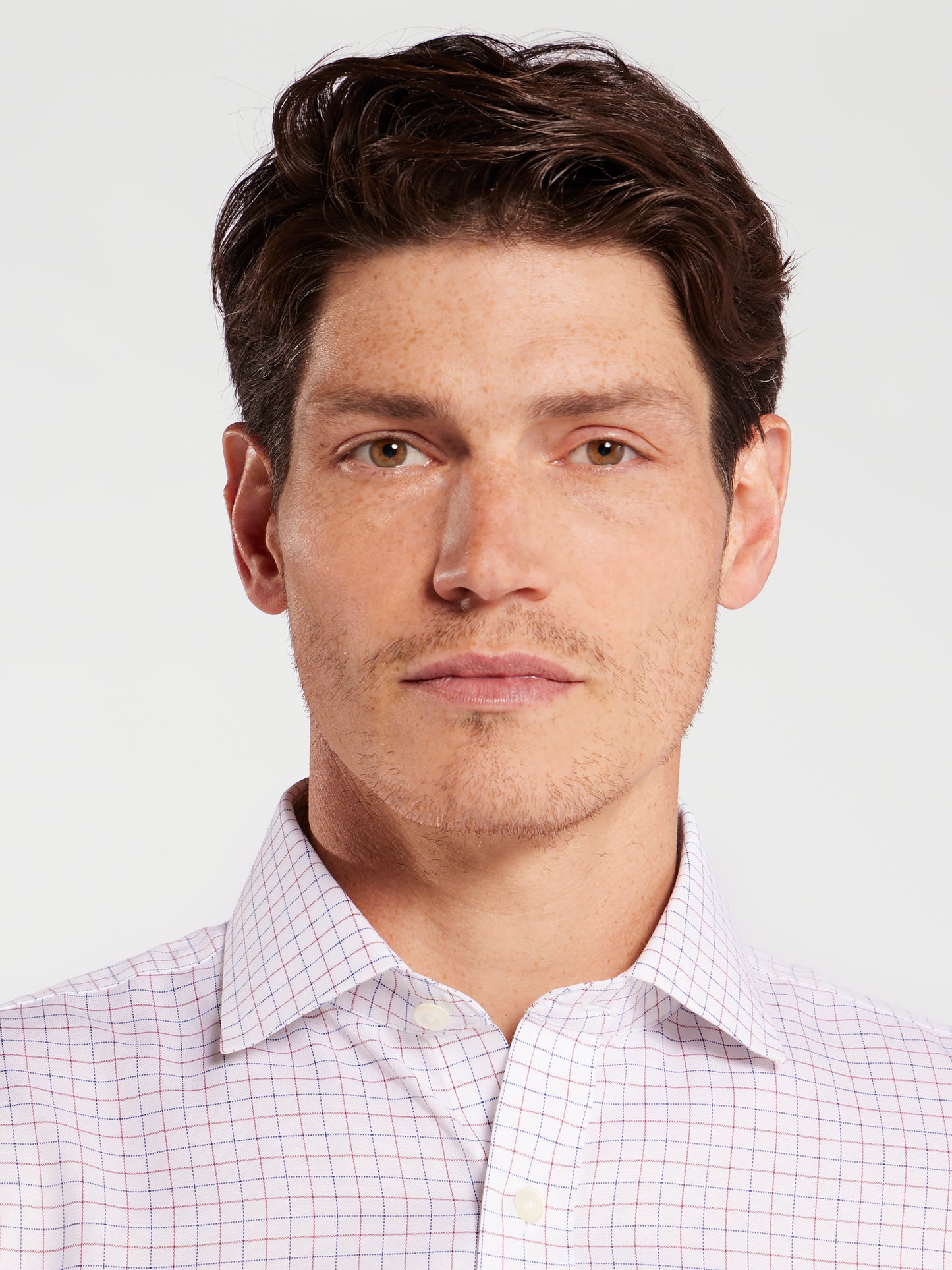 Non-Iron Navy & Red Double Check Oxford Fitted Single Cuff Classic Collar Shirt