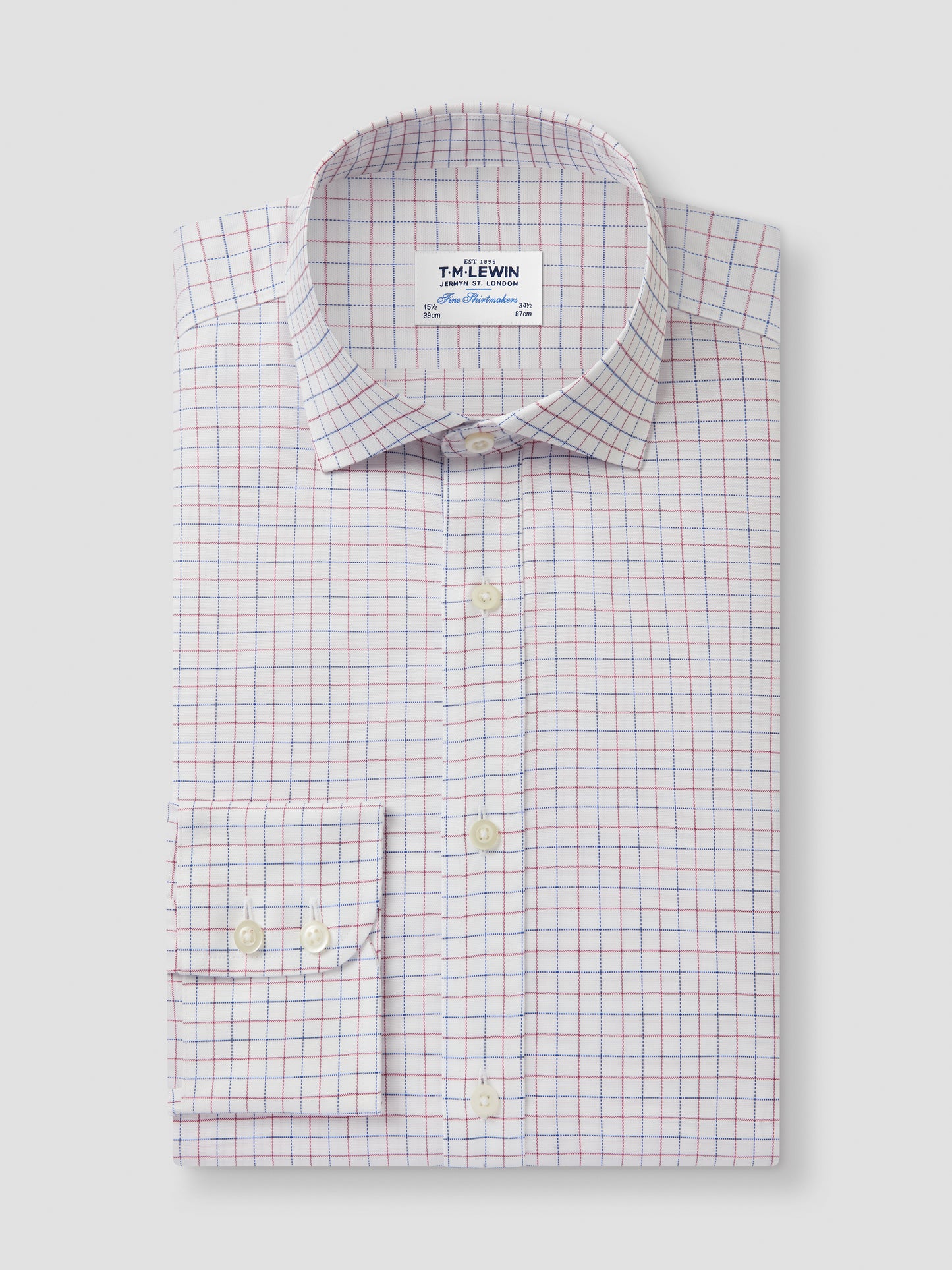 Non-Iron Navy & Red Double Check Oxford Slim Fit Single Cuff Classic Collar Shirt