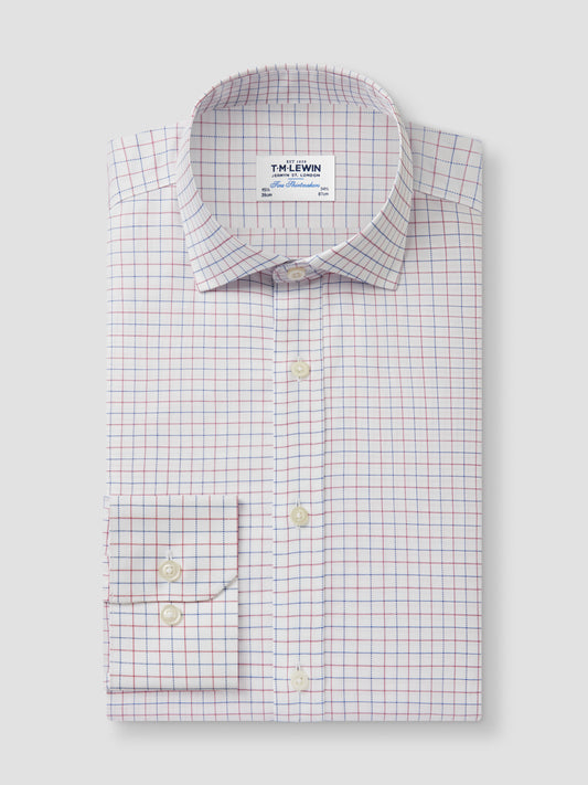 Non-Iron Navy & Red Double Check Oxford Fitted Single Cuff Classic Collar Shirt