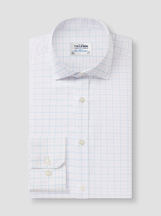 Non-Iron Blue & Pink Double Check Oxford Fitted Single Cuff Classic Collar Shirt