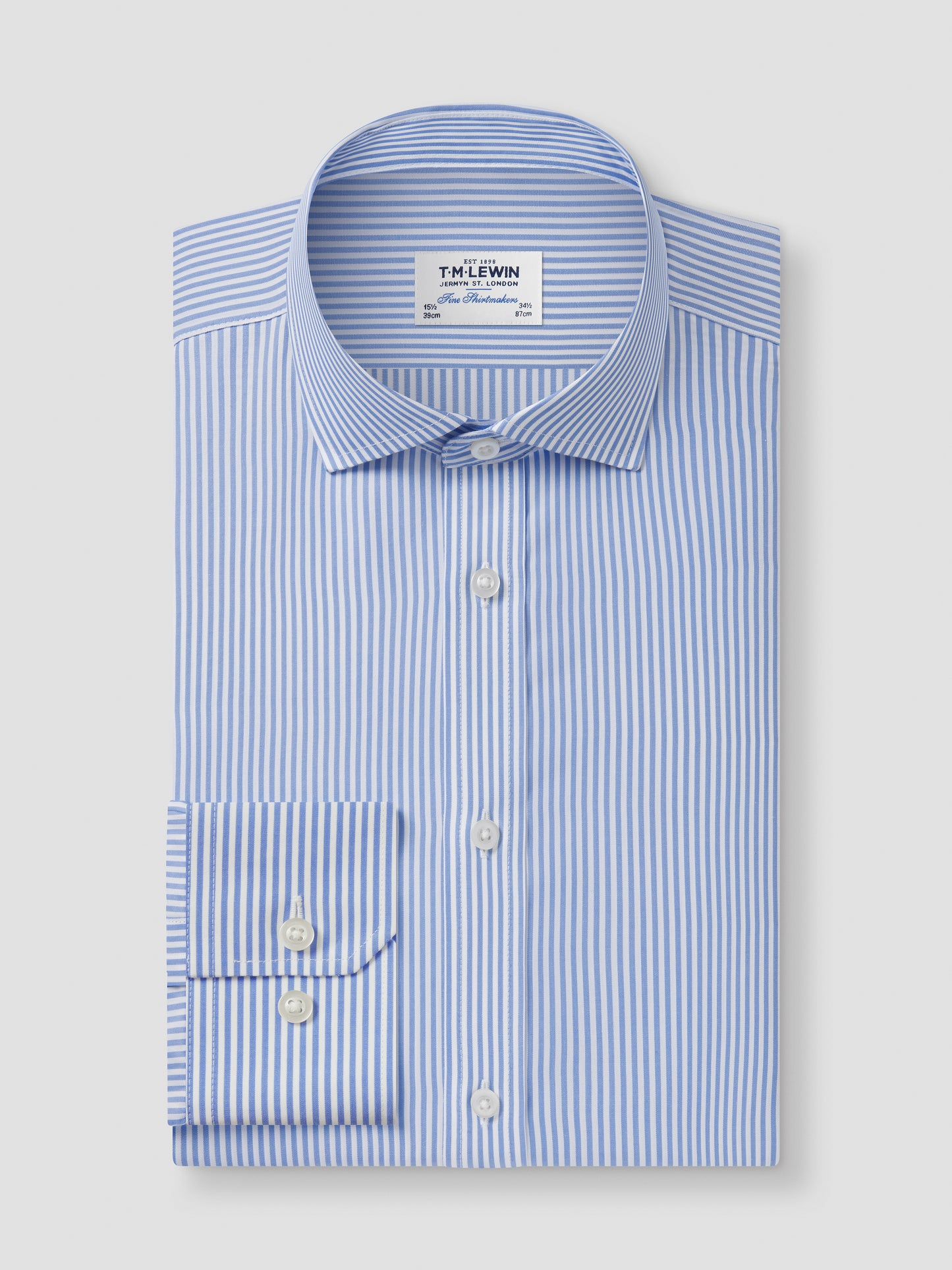 Non-Iron Light Blue Stripe Poplin Fitted Single Cuff Classic Collar Shirt
