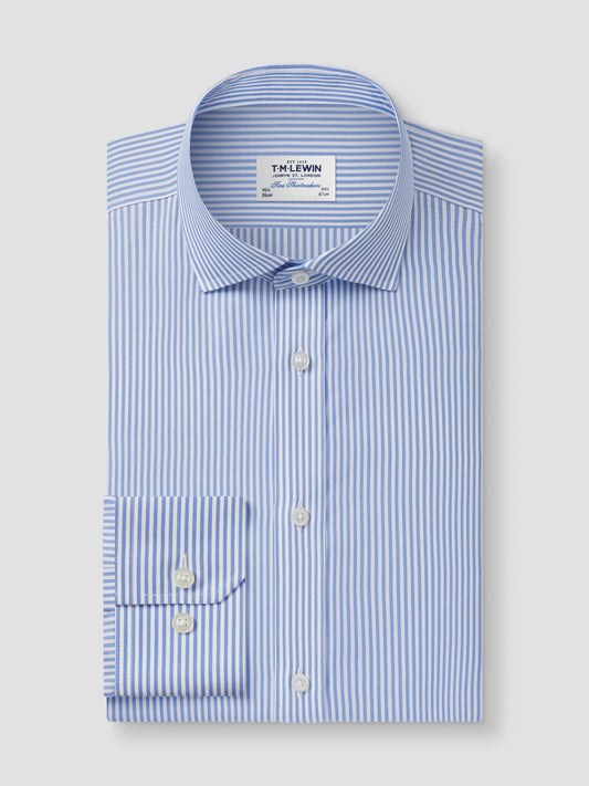 Non-Iron Light Blue Stripe Poplin Fitted Single Cuff Classic Collar Shirt