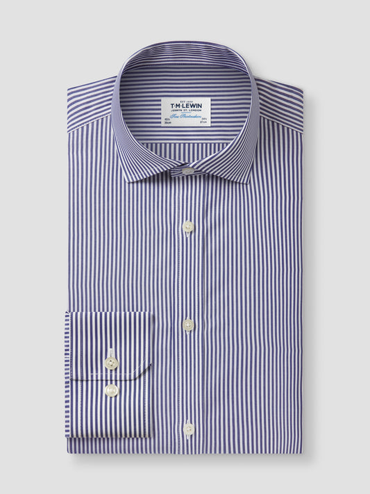 Non-Iron Navy Blue Wide Stripe Poplin Fitted Single Cuff Classic Collar Shirt