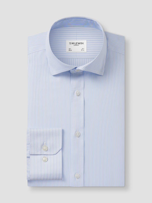 Non-Iron Light Blue Bengal Stripe Twill Fitted Single Cuff Classic Collar Shirt