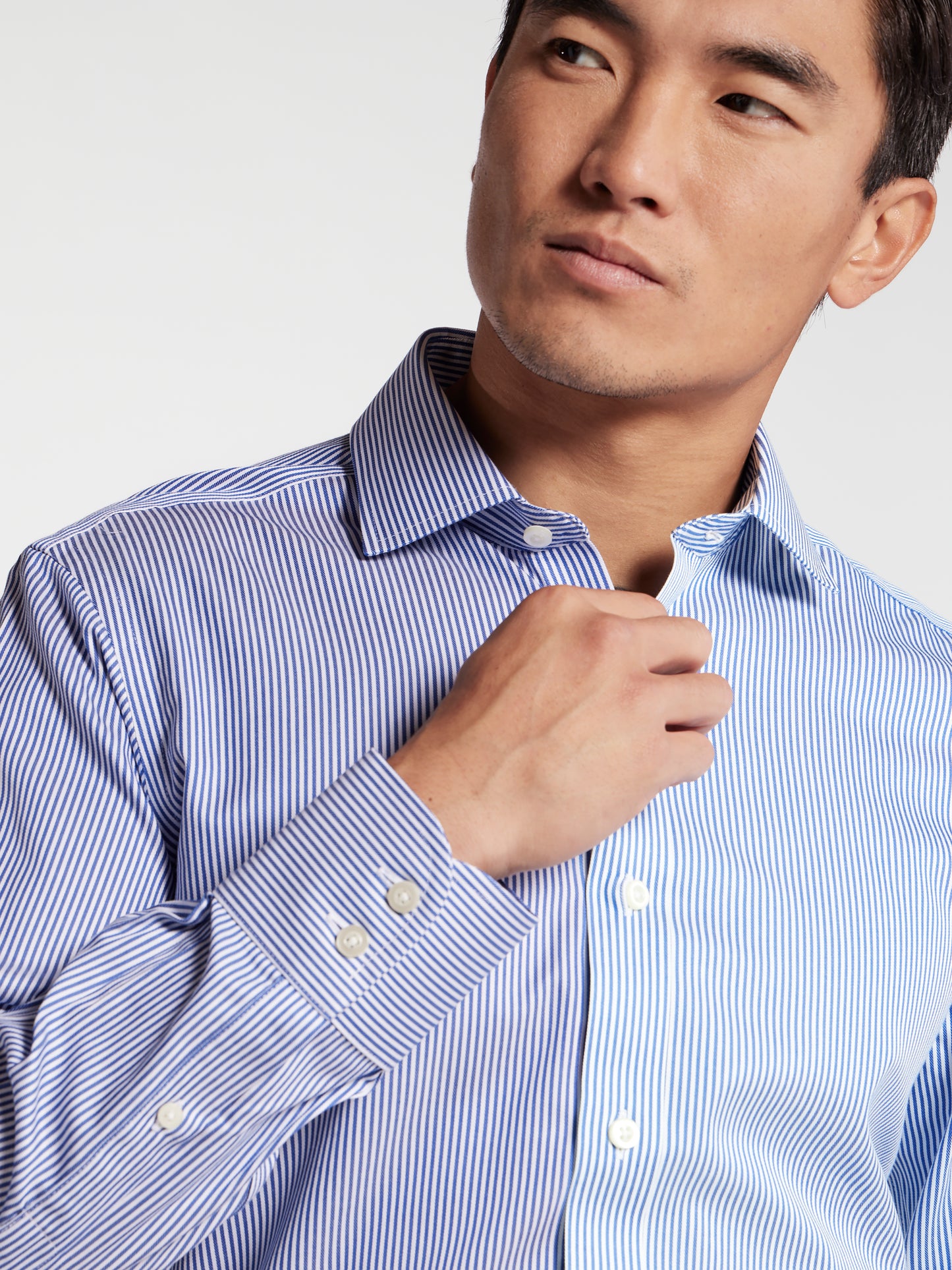 Non-Iron Navy Blue Bengal Stripe Twill Slim Fit Single Cuff Classic Collar Shirt