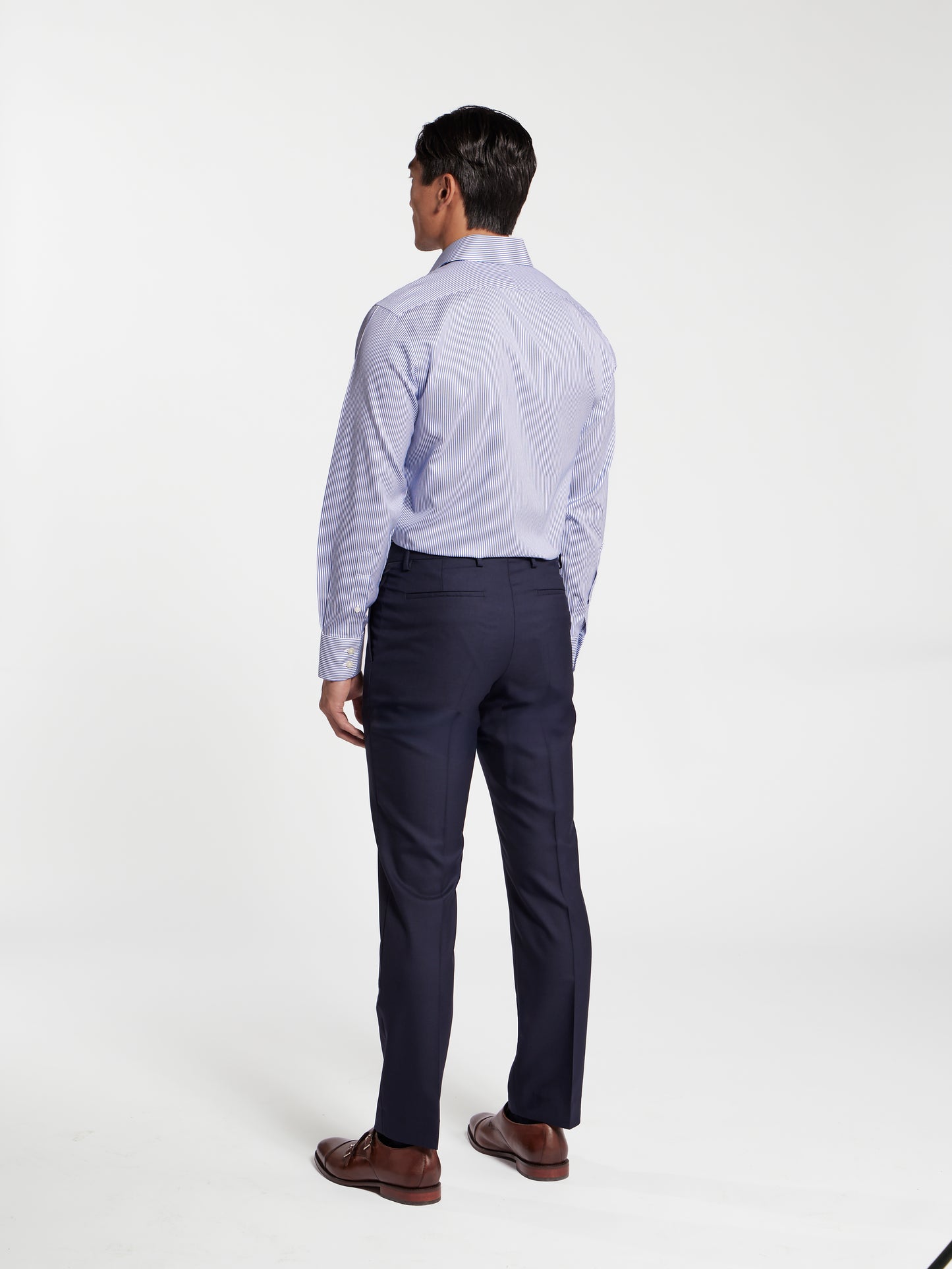 Non-Iron Navy Blue Bengal Stripe Twill Slim Fit Single Cuff Classic Collar Shirt