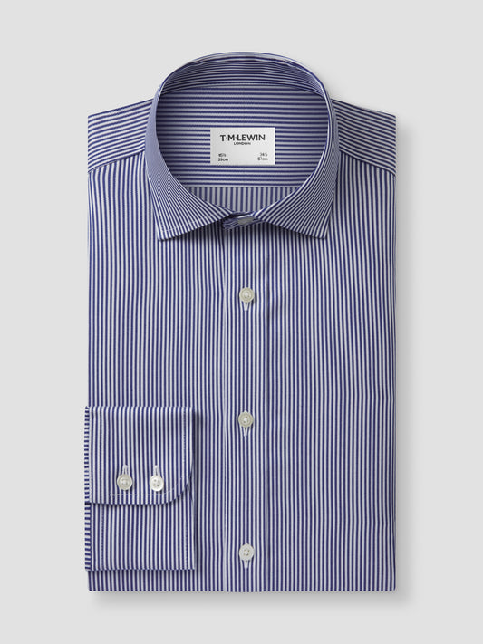 Non-Iron Navy Blue Bengal Stripe Twill Regular Fit Single Cuff Classic Collar Shirt