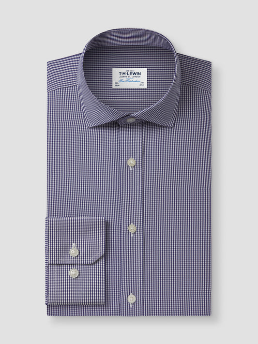 Non-Iron Navy Blue Mini Gingham Poplin Fitted Single Cuff Classic Collar Shirt