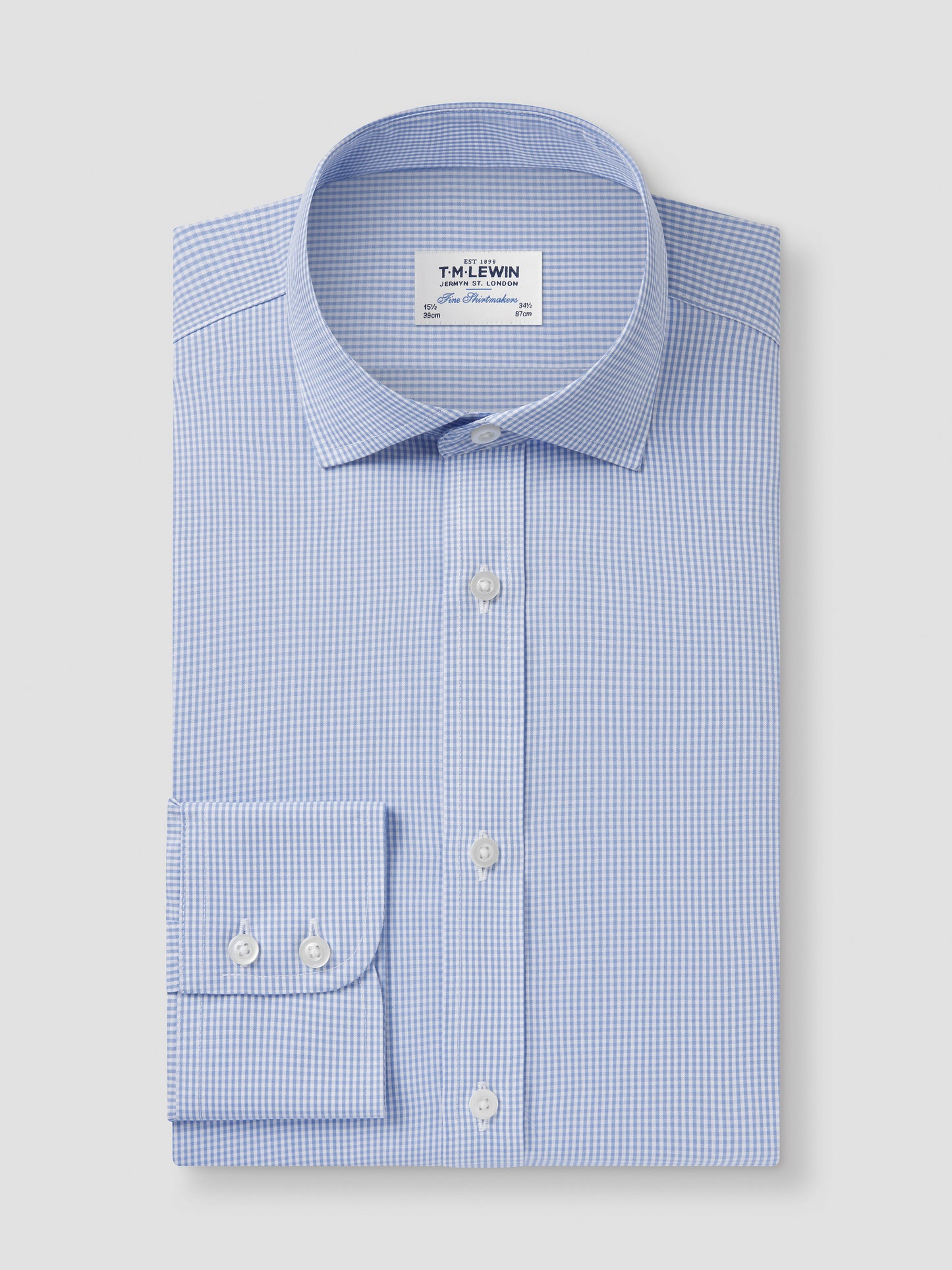 Non-Iron Light Blue Mini Gingham Poplin Slim Fit Single Cuff Classic Collar Shirt