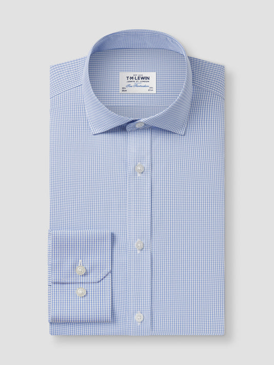 Non-Iron Light Blue Mini Gingham Poplin Fitted Single Cuff Classic Collar Shirt