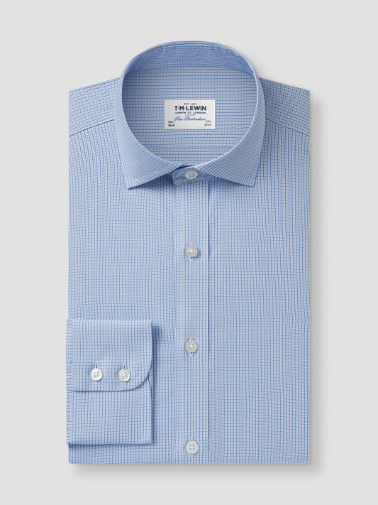 Non-Iron Blue Multi Micro Check Poplin Slim Fit Single Cuff Classic Collar Shirt