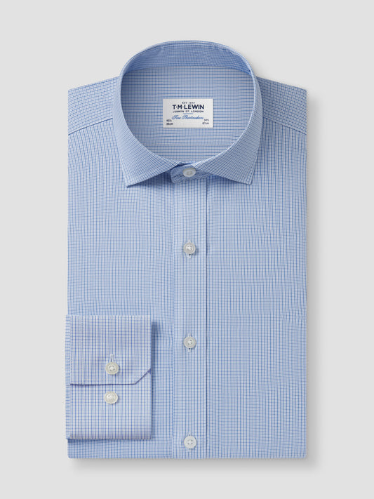 Non-Iron Blue Multi Micro Check Poplin Fitted Single Cuff Classic Collar Shirt